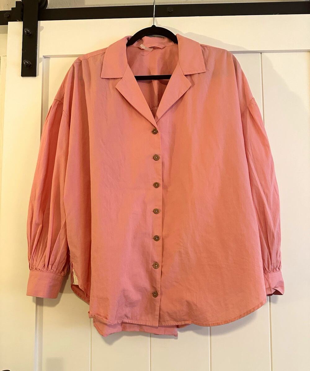 Free People Pink Solid Cotton Canvas Button-Up Collared Long Sleeve Blouse L